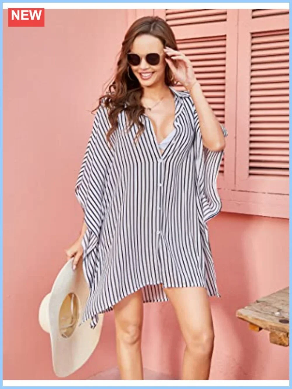 Women's Loose Fit Swim Cover Up Maxi Dress Kimono Style Button Down, Rayon, 3/4